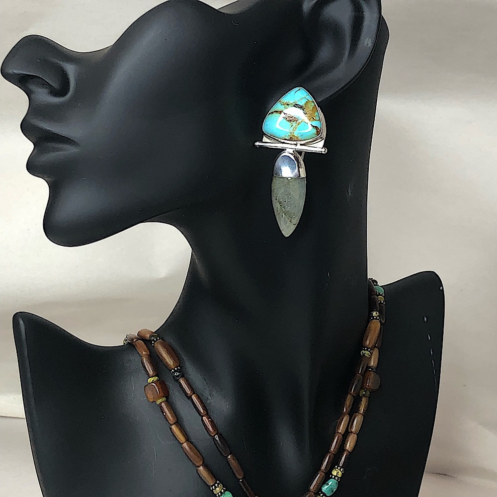 VINTAGE Sterling Silver Turquoise Labradorite Omega Back Earrings